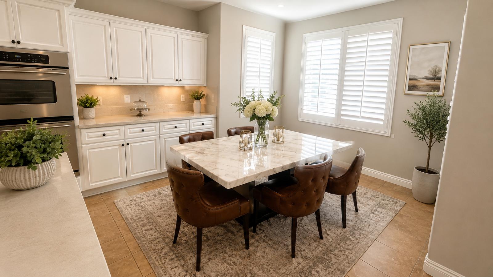 Dining nook with marble table set for a shared meal