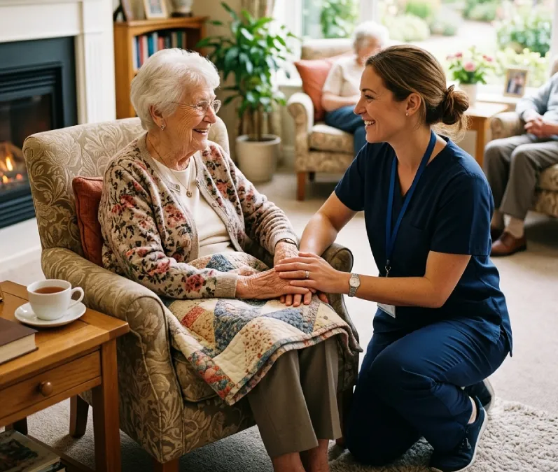 A caregiver kneeling beside a smiling resident, holding her hand in the Hope and Care living room