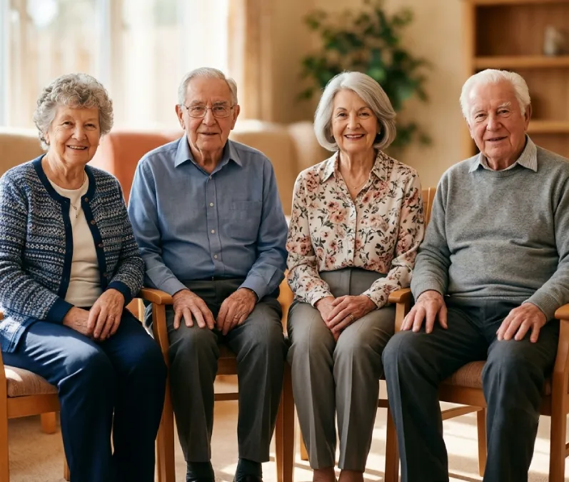 Four smiling residents seated together at Hope and Care