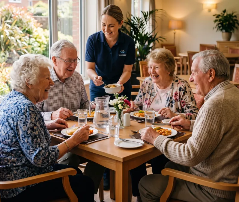 A caregiver serving a meal to residents gathered around the dining table