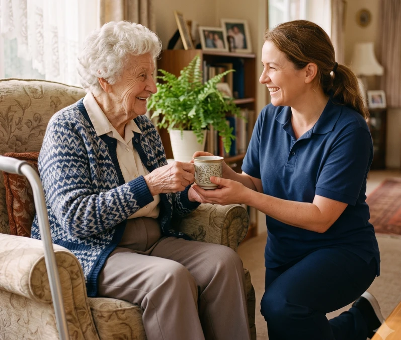 A caregiver kneeling beside a smiling resident, handing her a warm cup of tea