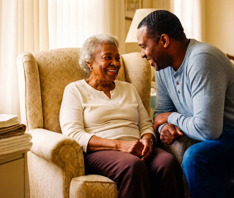 A son leaning in to talk closely with his smiling mother in her armchair